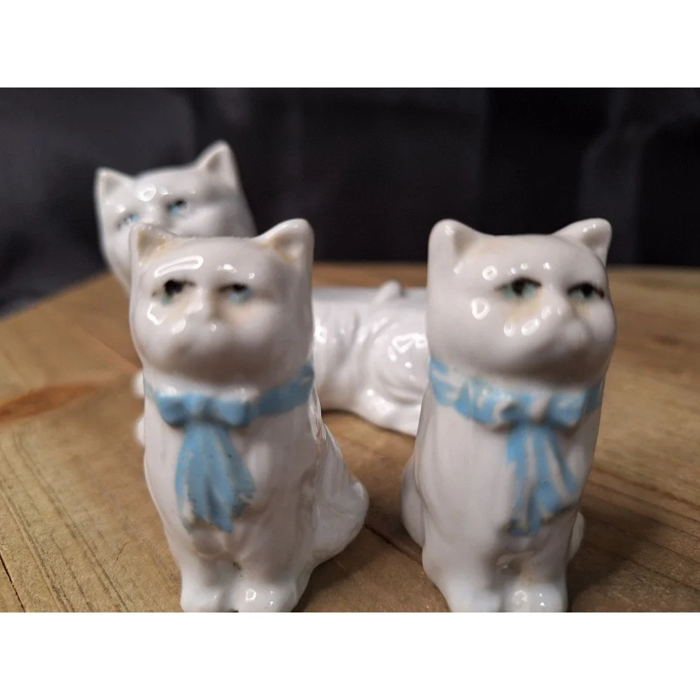 Vintage White Ceramic Cat Family Salt and Pepper Shaker Set Blue Bows 3 Piece